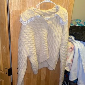 Cream Cable Knit Sweater with Lace Collar